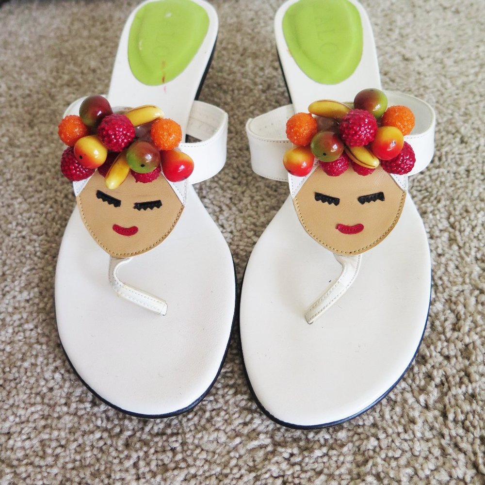 ZALO  - Carmen Miranda Leather Sandals Shoes With Bamboo Kitten Heels - Size 7.5